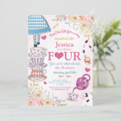 Wonderland Birthday 4. Tee Party Vier Girls Einladung (Stehend Vorderseite)