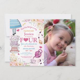 Wonderland Birthday 4. Tee Party Vier Girls Foto Einladung