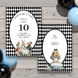 Wonderland Black White Vintage Birthday Party Einladung
