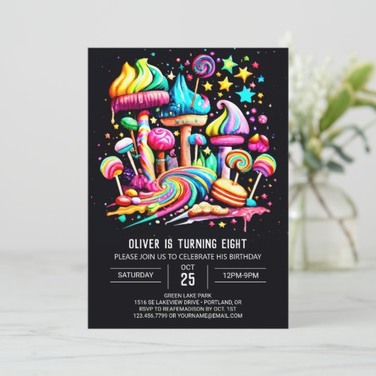 Wonderland Candy Birthday Einladung (Stehend Vorderseite)