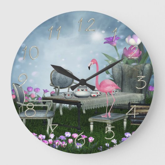 Wonderland Flamingo Tea Party Große Wanduhr (Vorderseite)