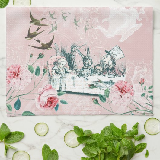 Wonderland Mad Tea Party Rosa grünes Teetuch Geschirrtuch (Gefaltet)