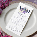 Wonderland Messe Hochzeit Nachmittagstee Party Menükarte<br><div class="desc">Verbringen Sie Ihren Nachmittagstee mit unserem wunderschön gestalteten Nachmittagstee-Party im wunderschönen Vintagen Menüdesign zum Thema Alice im Wunderland. Ideal für Veranstaltungen und Party zum Thema Alice im Wunderland. Design besticht durch ein Vintages Teekessel mit einer Mischung aus eigenen, von Hand gezeichnet Originalfloralen und Kunstwerken. Wir haben die Vintagen Illustrationen der...</div>