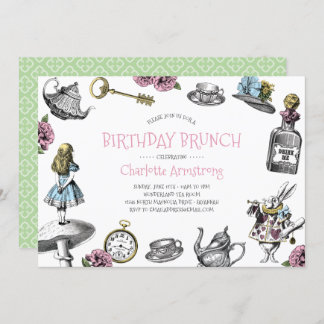Wonderland Pink und Green Birthday Brunch Einladung