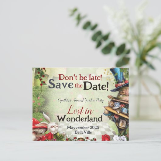 Wonderland Save the Date Postcard Postkarte (Stehend Vorderseite)