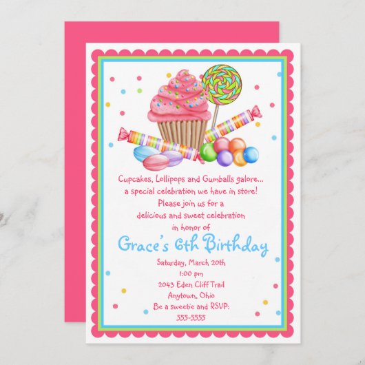 Wonderland Sweet Shop Cupcake Candy Einladung (Vorne/Hinten)