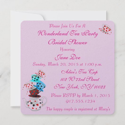 Wonderland Tea Party Bridal Dusche Einladung (Rückseite)