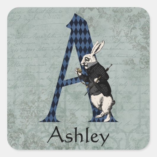 Wonderland White Rabbit Letter A Quadratischer Aufkleber (Vorderseite)