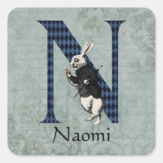 Wonderland White Rabbit Letter N Quadratischer Aufkleber (Vorderseite)