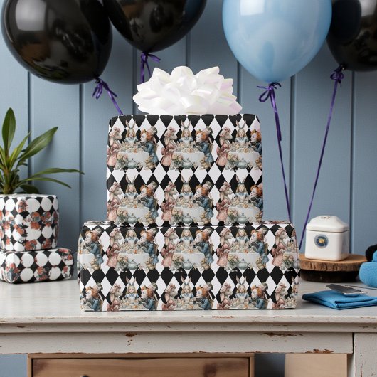 Wonderland with Black White Diamonds Birthday Geschenkpapier