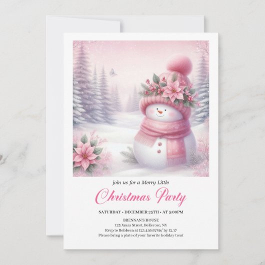 Wonderous Pink Snowman Editable Christmas Invite  Einladung (Vorderseite)