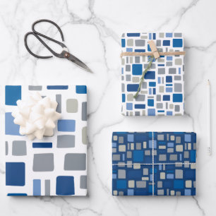 Wonky-Plätze und Rechtecke in Coolen Blau- und Gra Geschenkpapier Set