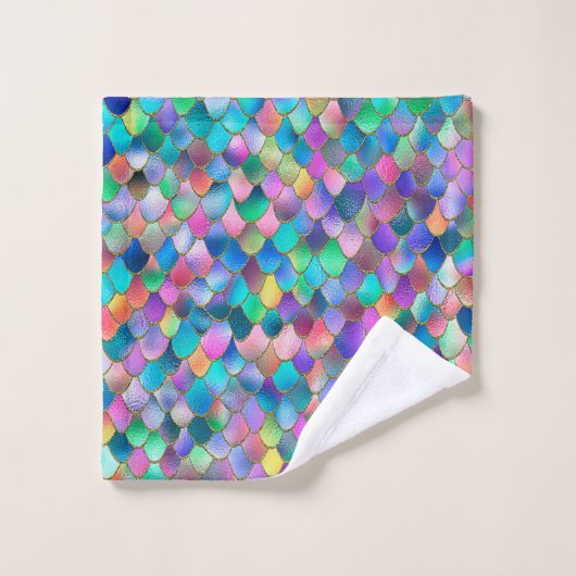 Wonky Regenbogen-Glitzer-Metallmeerjungfrau-Skalen Badhandtuch Set (Waschlappen)