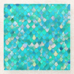 Wonky Watercolor Aquamariner Glitzer Metal Mermaid Glasuntersetzer