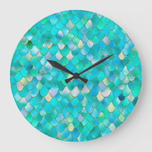 Wonky Watercolor Aquamariner Glitzer Metal Mermaid Große Wanduhr