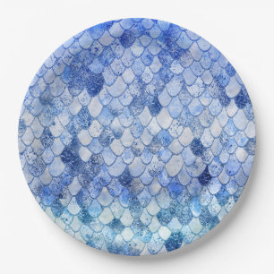 Wonky Watercolor Ocean Blue Glitzer Mermaid Scales Pappteller