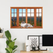 Wood 4 Pane Fenstertäuschung mit Katze auf der Pil Poster (Heimbüro)