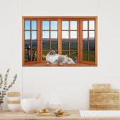 Wood 4 Pane Fenstertäuschung mit Katze auf der Pil Poster (Küche)