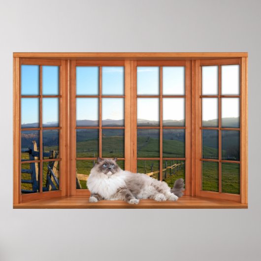 Wood 4 Pane Fenstertäuschung mit Katze auf der Pil Poster (Vorne)