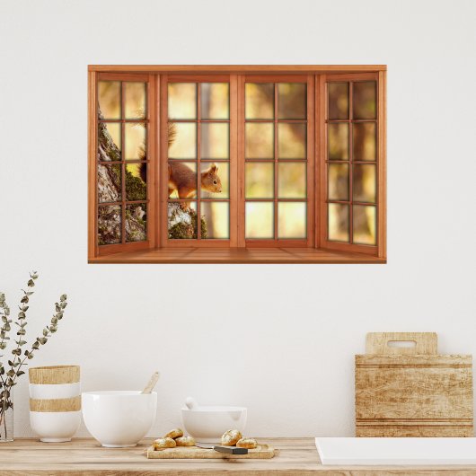 Wood 4 Pane Window Illusion - Eichhörnchen Poster (Küche)