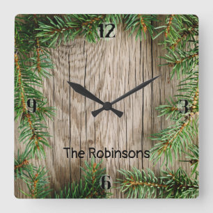 Wood Background with Pine Border Quadratische Wanduhr