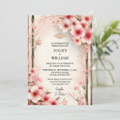 Wood Bamboo Pink Sakura Cherry Blossom Hochzeit Einladung (Stehend Vorderseite)