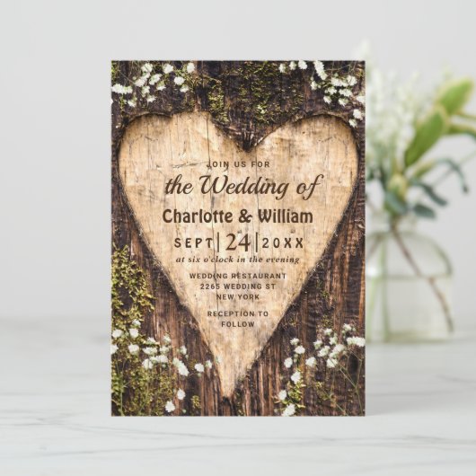 Wood Bark Baby Atemherz Rustikale Hochzeit Einladung (Stehend Vorderseite)