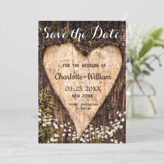Wood Bark Baby Atemherz Rustikale Hochzeit Save The Date (Stehend Vorderseite)