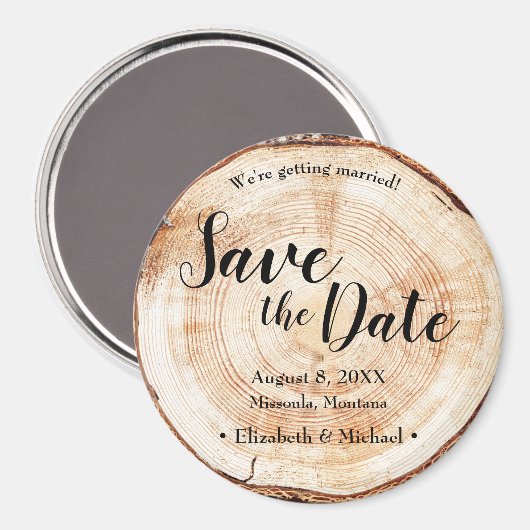 Wood Bark Disc Rustic Wedding Save the Date  Magnet (Vorderseite/Rückseite)