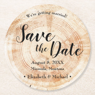 Wood Bark Disk Rustic Wedding Save the Date Runder Pappuntersetzer