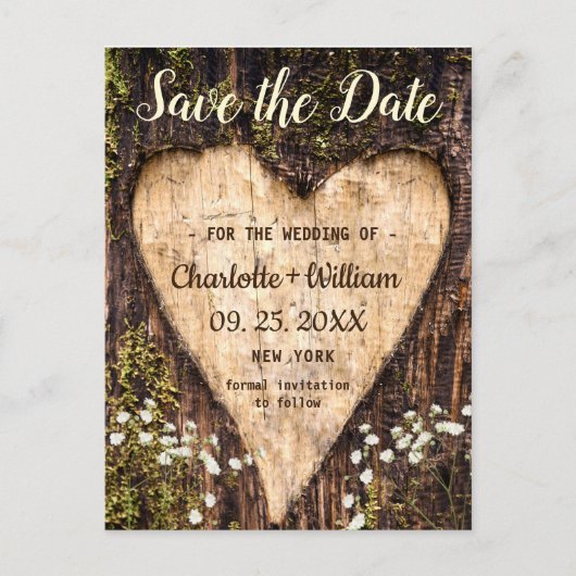 Wood Bark Heart Baby-Hochzeit retten das Datum Postkarte (Vorderseite)