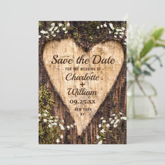 Wood Bark Heart Baby-Hochzeit retten das Datum Save The Date (Stehend Vorderseite)