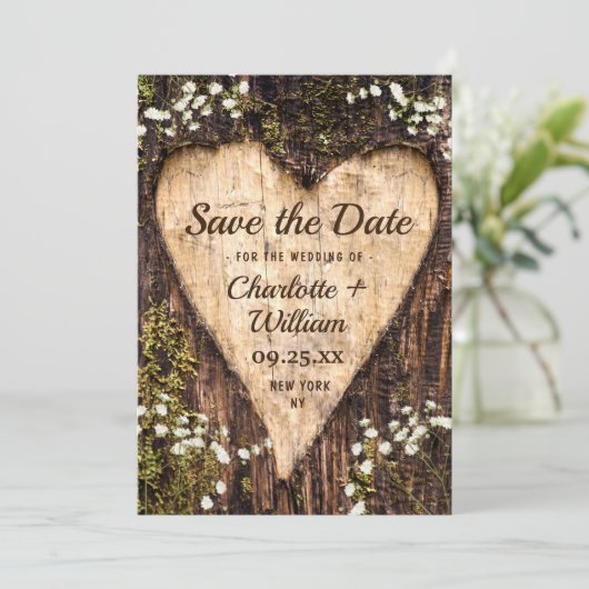 Wood Bark Heart Baby-Hochzeit retten das Datum Save The Date (Stehend Vorderseite)