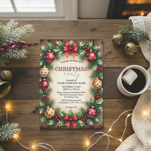 Wood Baubles Red Bow Corporate Christmas Party Einladung