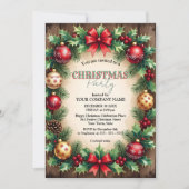 Wood Baubles Red Bow Corporate Christmas Party Einladung (Vorderseite)