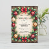 Wood Baubles Red Bow Corporate Christmas Party Einladung (Stehend Vorderseite)