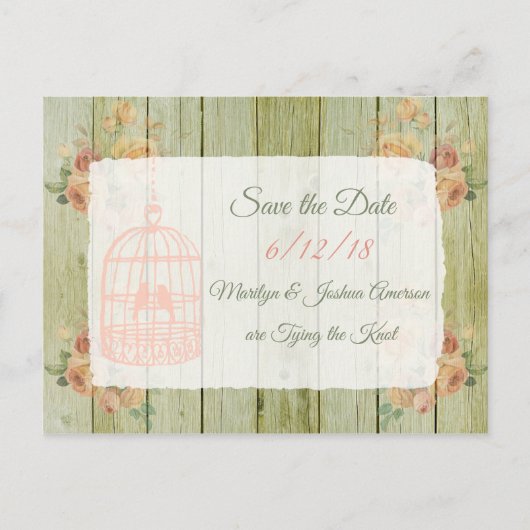 = Wood Birdcage Wedding Save the Date Postcard Postkarte (Vorderseite)