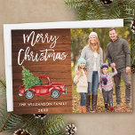 Wood Brush Script Vintag Truck Foto Weihnachten<br><div class="desc">Rustikales Holz Brush Script Wasserfarbe Vintager roter LKW mit Weihnachtsbaum - Frohe Weihnachtsfamilienfoto-Karte</div>