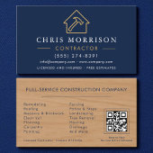 Wood Building Construction Navy Blue Gold QR Code Visitenkarte