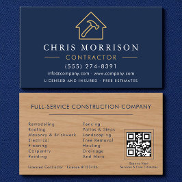 Wood Building Construction Navy Blue Gold QR Code Visitenkarte