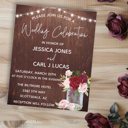 Wood Burgundy Blush Pink Rose Mason Jar Lights Inv Flyer
