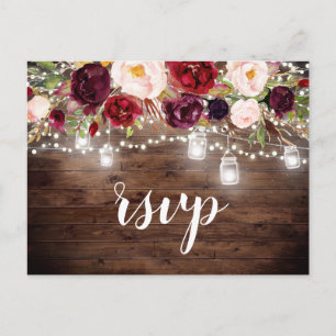 Wood Burgundy Floral Mason Jar String Lights UAWG Einladungspostkarte