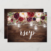 Wood Burgundy Floral Mason Jar String Lights UAWG Einladungspostkarte (Vorne/Hinten)