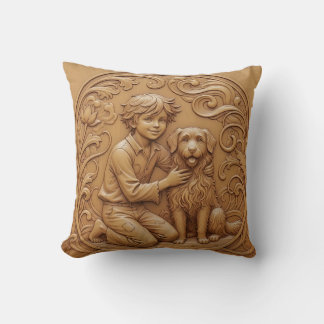 Wood carving effect Throw Cushion boy and dog Kissen