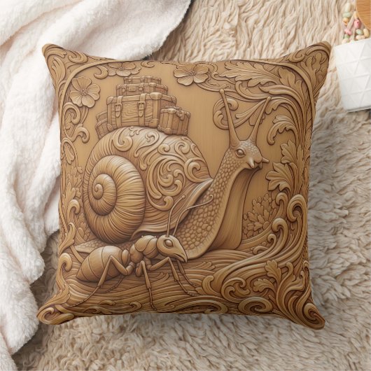 Wood carving effect Throw Cushion snail and ant Kissen (Decke)