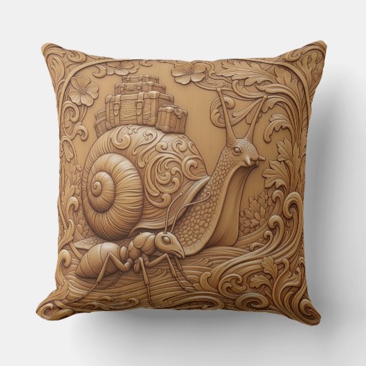 Wood carving effect Throw Cushion snail and ant Kissen (Vorderseite)