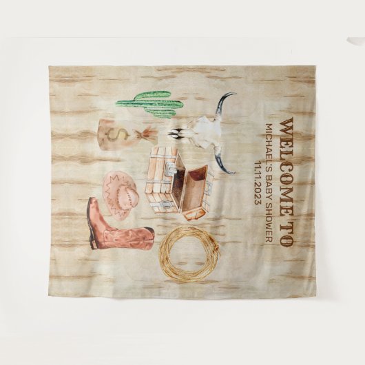 Wood Cowboy Baby Shower welcome backdrop Wandteppich (Vorderseite (Horizontal))