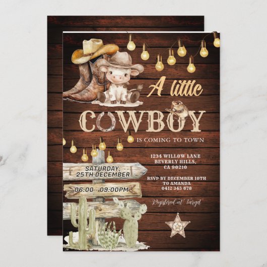 Wood Cowboy Boots & Cactus Baby Shower Einladung (Vorne/Hinten)