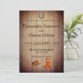 Wood Cowboy Stiefel, rustikaler Hochzeitstag Einladung (Stehend Vorderseite)