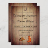 Wood Cowboy Stiefel, rustikaler Hochzeitstag Einladung (Vorne/Hinten)